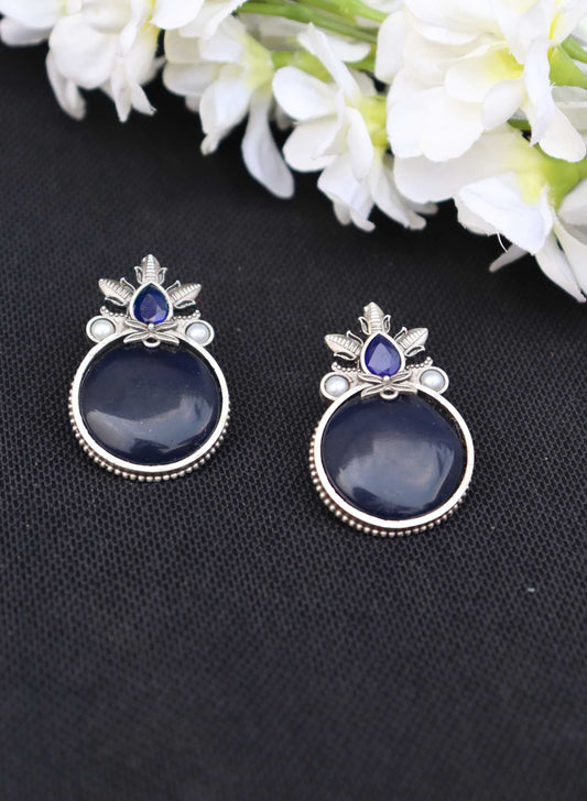 Brass Oxidised Victorians Deep Blue Stud With Monalisa Stone