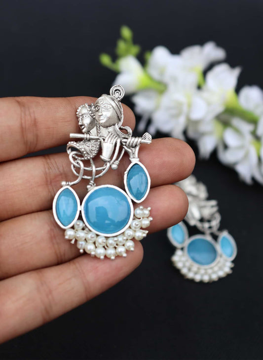 Divine Harmony Radha Krishna Sky Blue Monalisa Stone Earrings