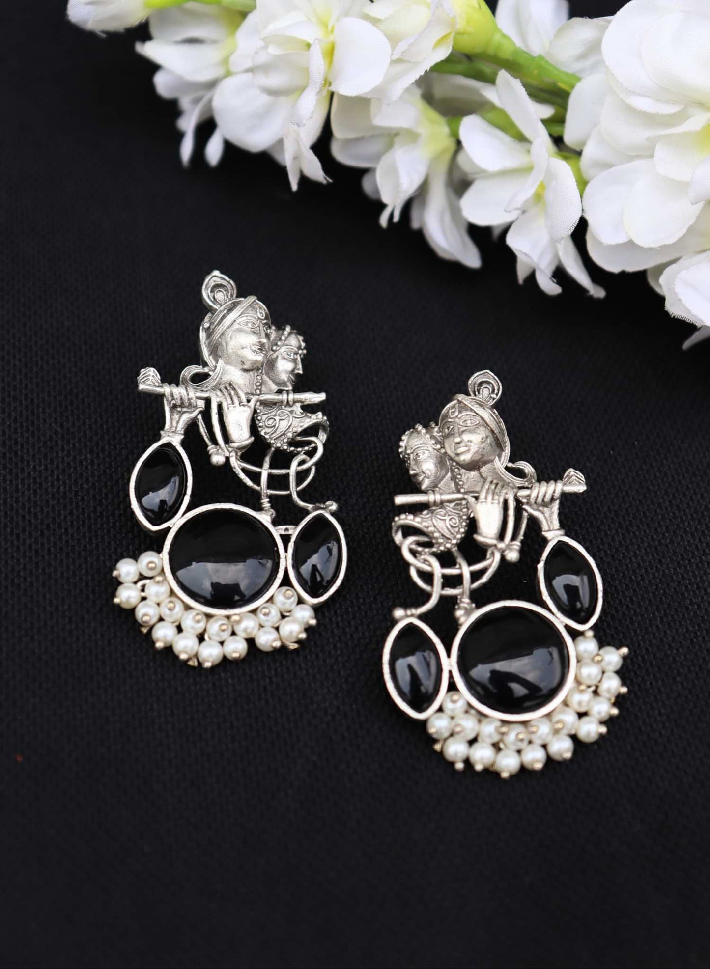 Divine Harmony Radha Krishna Black Monalisa Stone Earrings