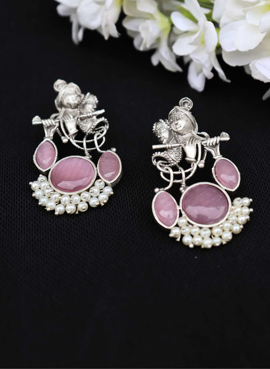 Divine Harmony Radha Krishna Pink Monalisa Stone Earrings