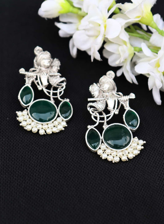 Divine Harmony Radha Krishna Green Monalisa Stone Earrings