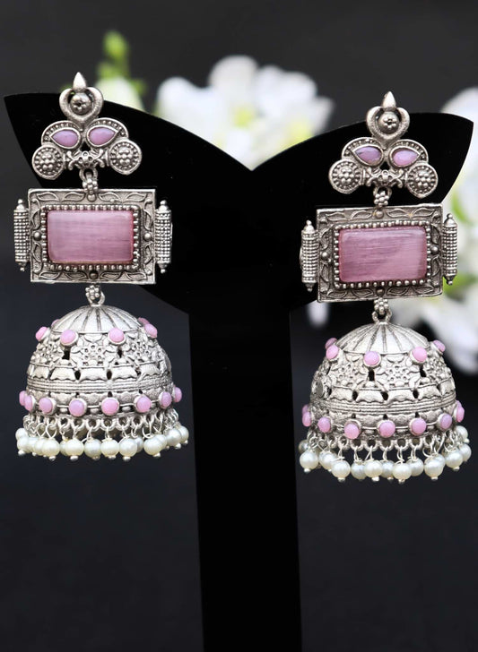 Brass Jumbo Jhumka With Pink Monalisa Stones