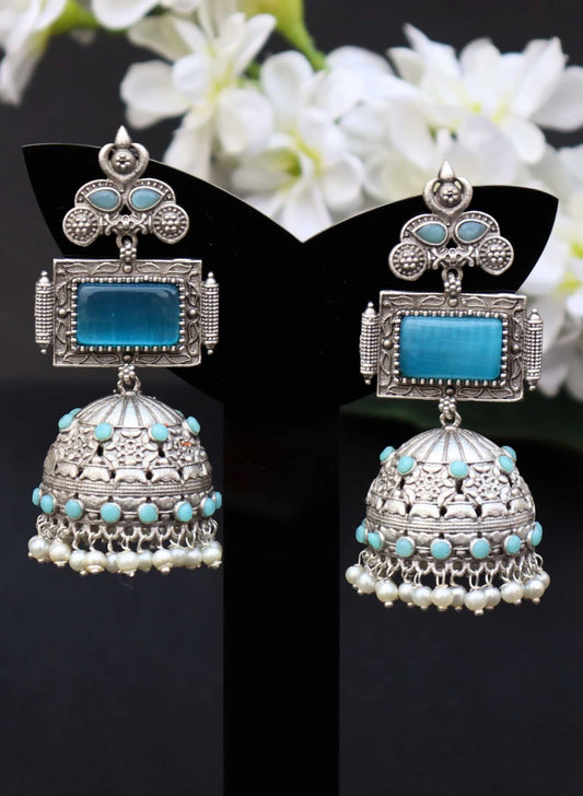 Brass Jumbo Jhumka With Blue Monalisa Stones